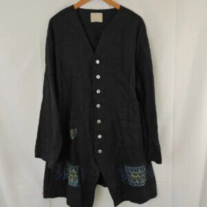 VTG Blue Fish RARE 100% Linen Hand Printed Coral Button Up Black Shirt Size 1